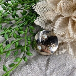 Vintage Round 3 Prong Set Pearls Starburst Silver MCM Functional Brooch 1.25"